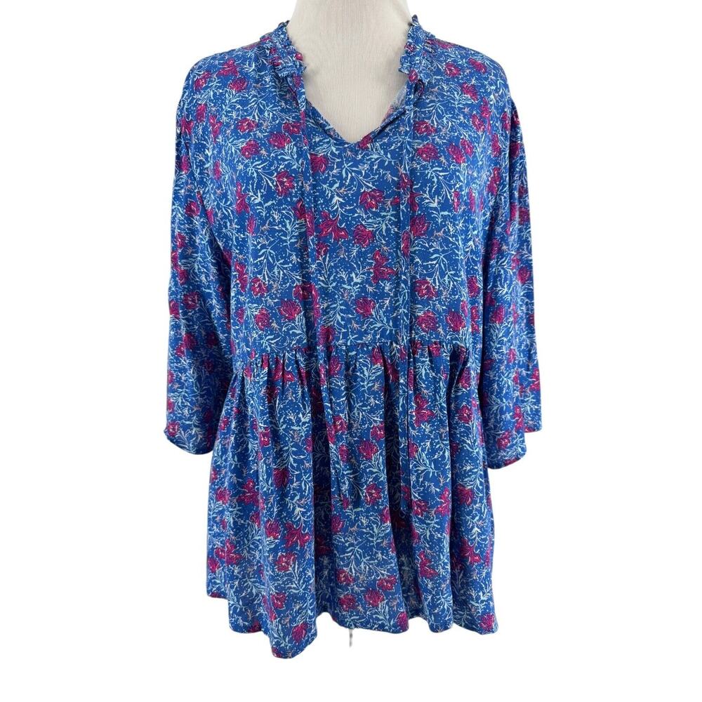 Peace & Pearls Women's Blue Floral 3/4 Sleeve‎ Blouse Size Large